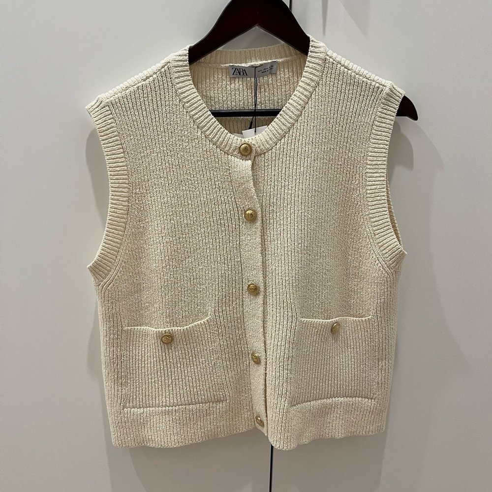 Zara Ivory Button-Up Sweater Vest